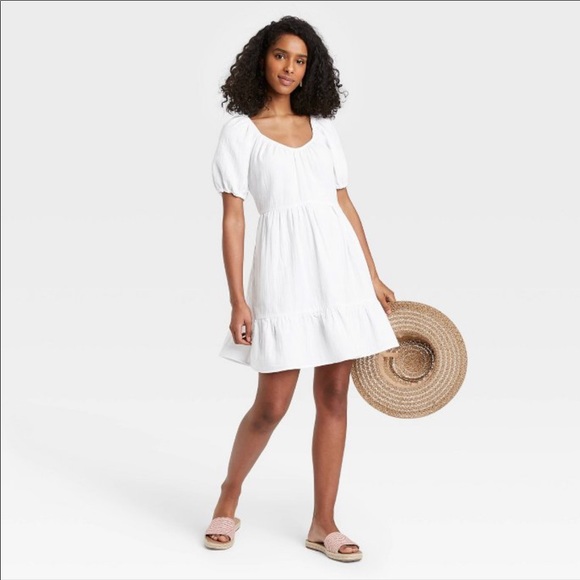 White Cotton Puff Sleeve Babydoll Dress 